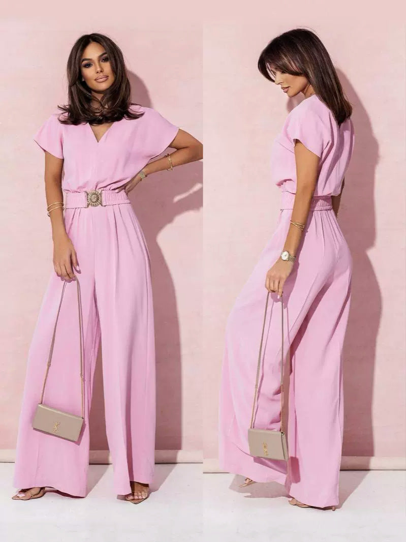 Fashionable Short-Sleeved V-Neck Solid Color Slim-Fit Jumpsuit 6