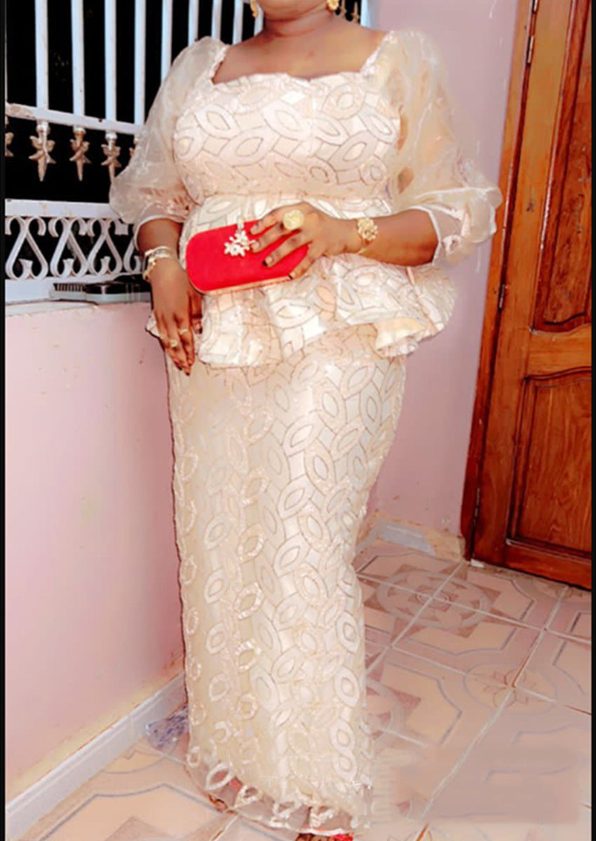 Lacemesh Embroidery Women's Wedding Gown Formal Party Long Sleeve Top Skirt Suit