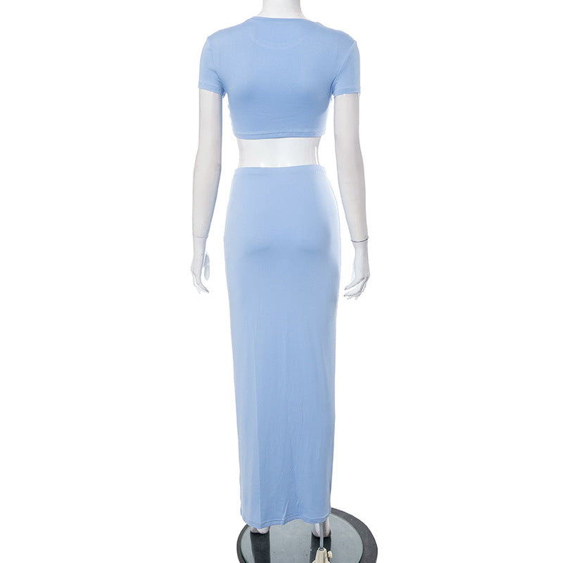 Women's Spring Solid Short Sleeve Crop Two Piece Skirt Set 37