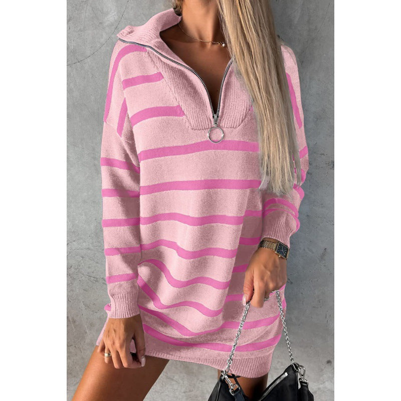 Women Autumn and Winter V-neck Long Sleeve Striped Loose Casual Knitting Sweater Dress 5