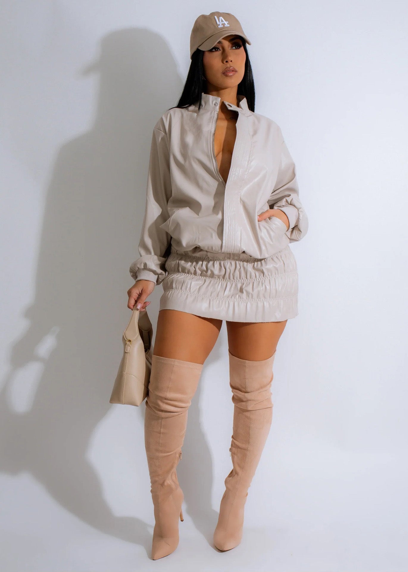 Women autumn and winter solid long sleeve Pu Leather casual stand collar skirt two-piece suit 3