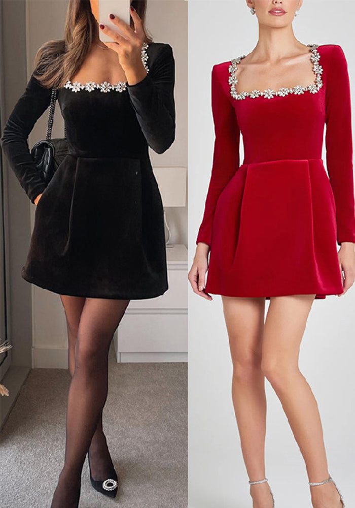WomenŸ??s Formal Fashion Velvet Diamond-Embellished Mini Dress