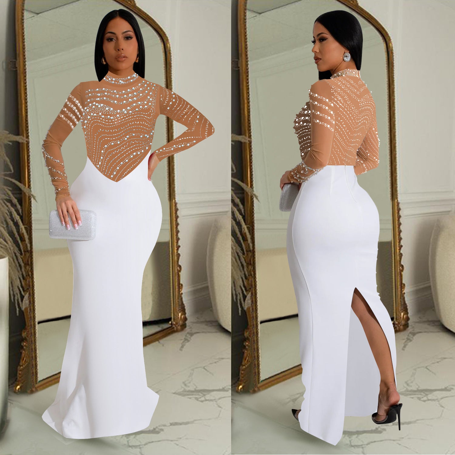 Fashionable women's solid color Beaded long dress 7