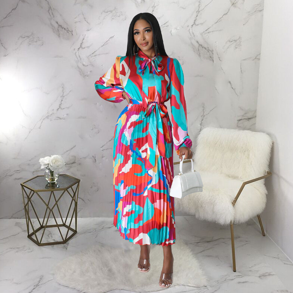 Women's Tie Long Sleeve Printed Pleated Dress 37