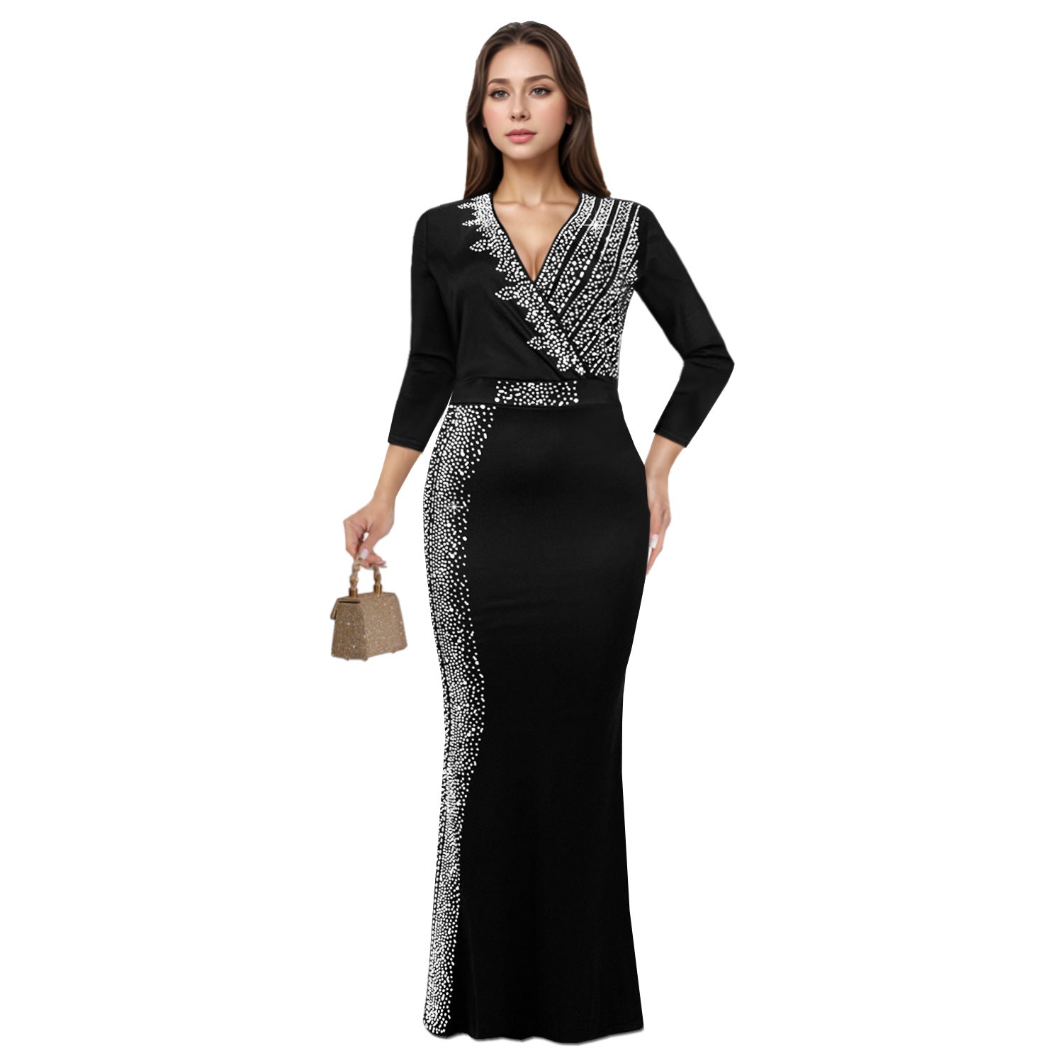 Women's Chic Elegant Beaded Half Sleeve V-Neck Fashionable Dress 10