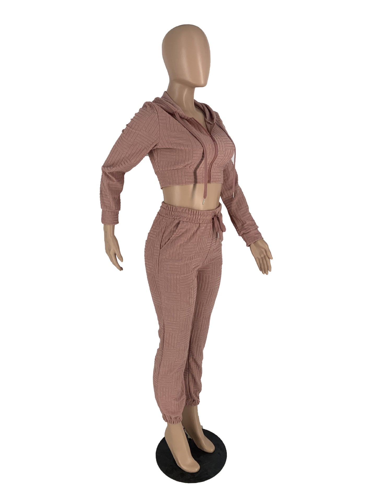 Solid Hooded Zipper Crop Two-Piece Pants Set 10