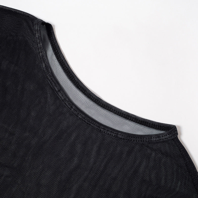 Women American Printed Mesh Long Sleeve Round Neck Dress 12