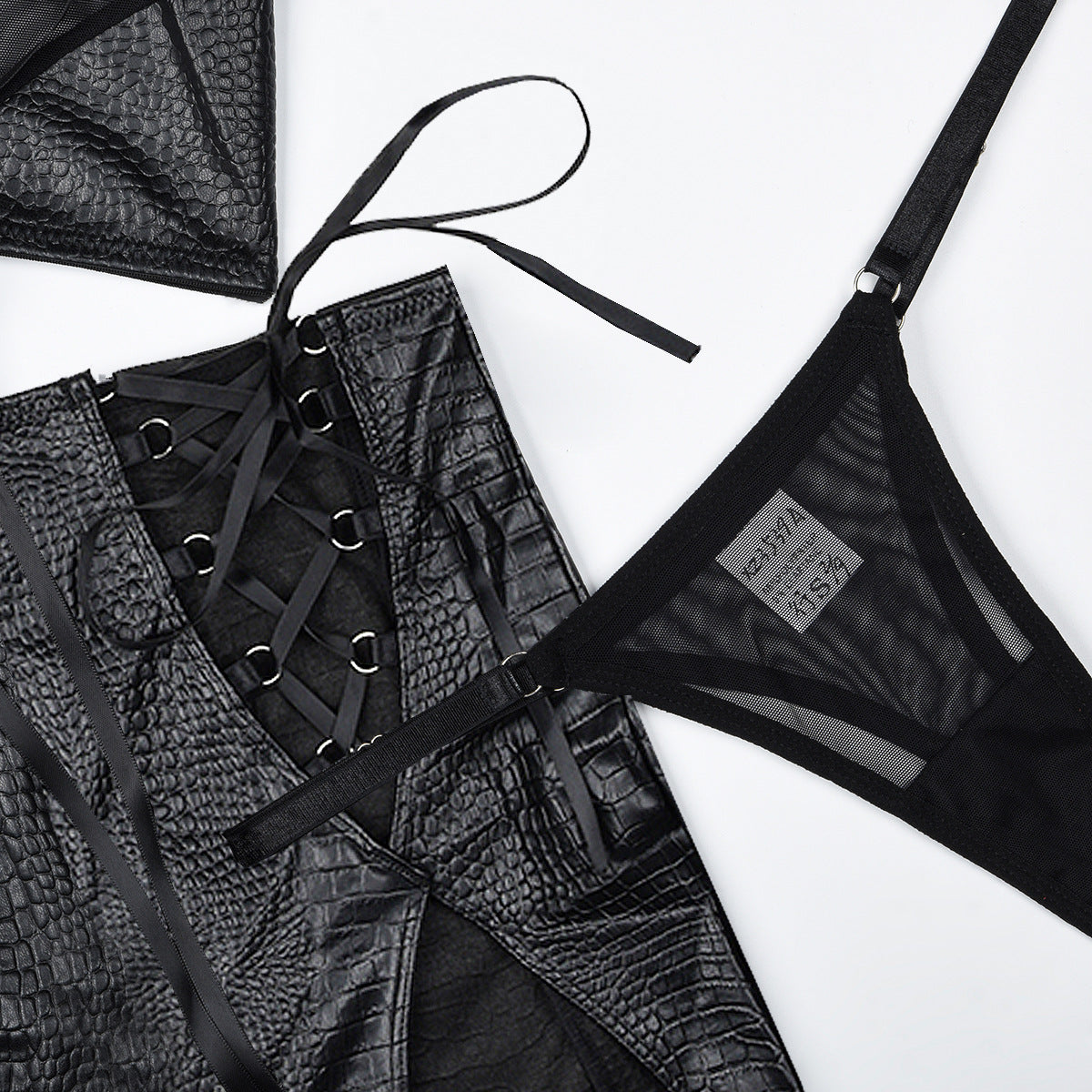 Women mesh Lace-Up crossover Halter Neck sexy lingerie two-piece set 13