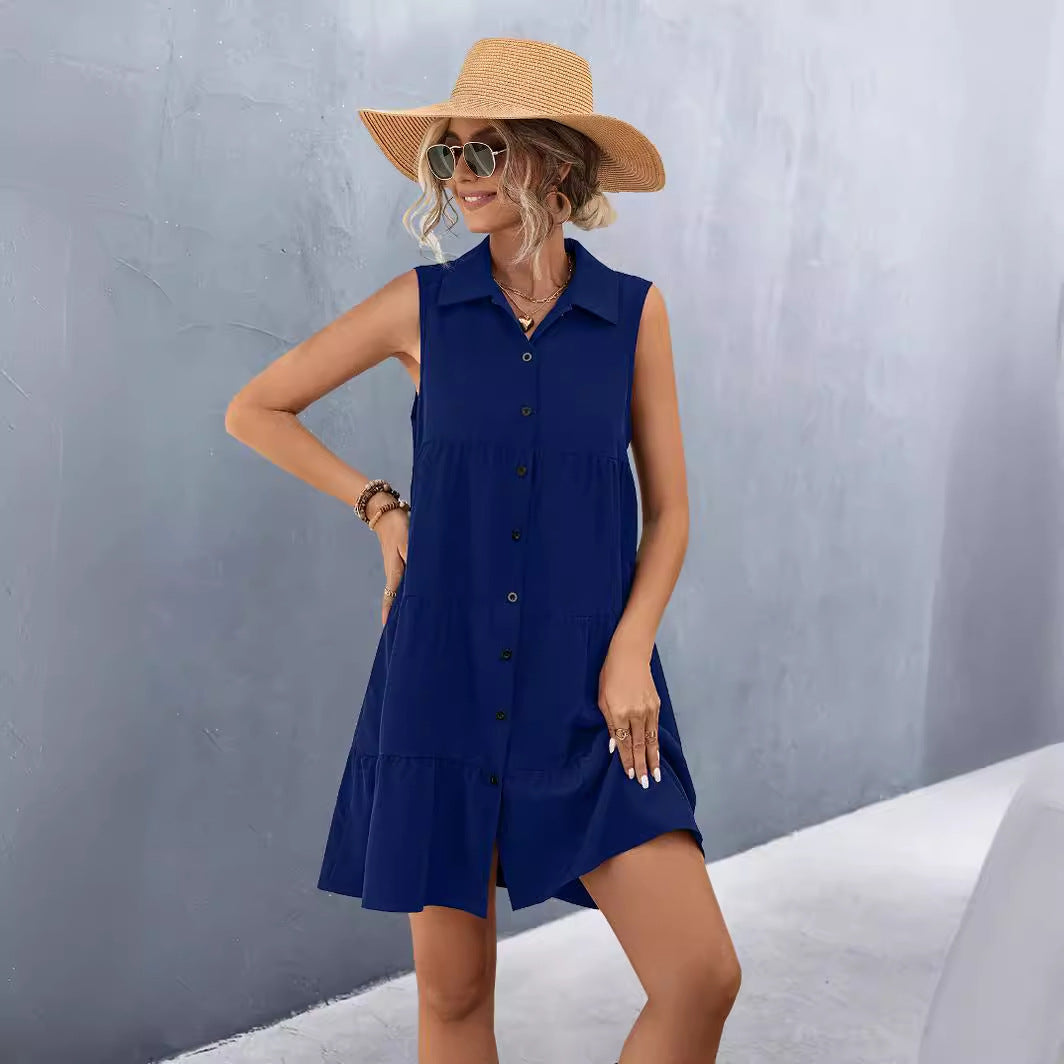 Women's Turndown Collar Patchwork Sleeveless Solid Color Dress