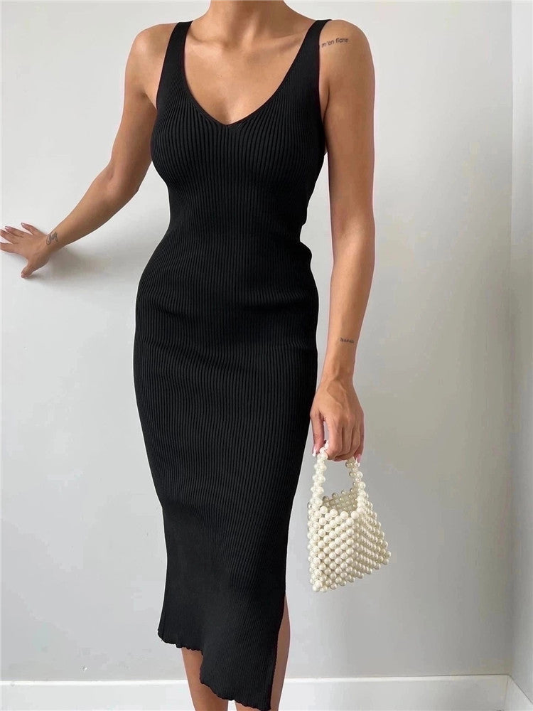 Women Summer Color Sleeveless Round Neck Ribbed Bodycon Dress