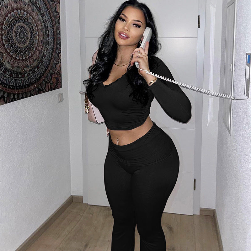 Women's Spring Long-Sleeved V-Neck Crop Top High Waist Trousers Casual Home Wear For Women 5