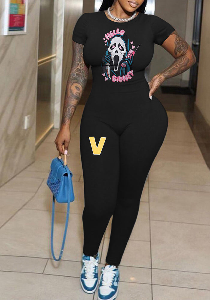 Women Short Sleeve Letter Print Jumpsuit