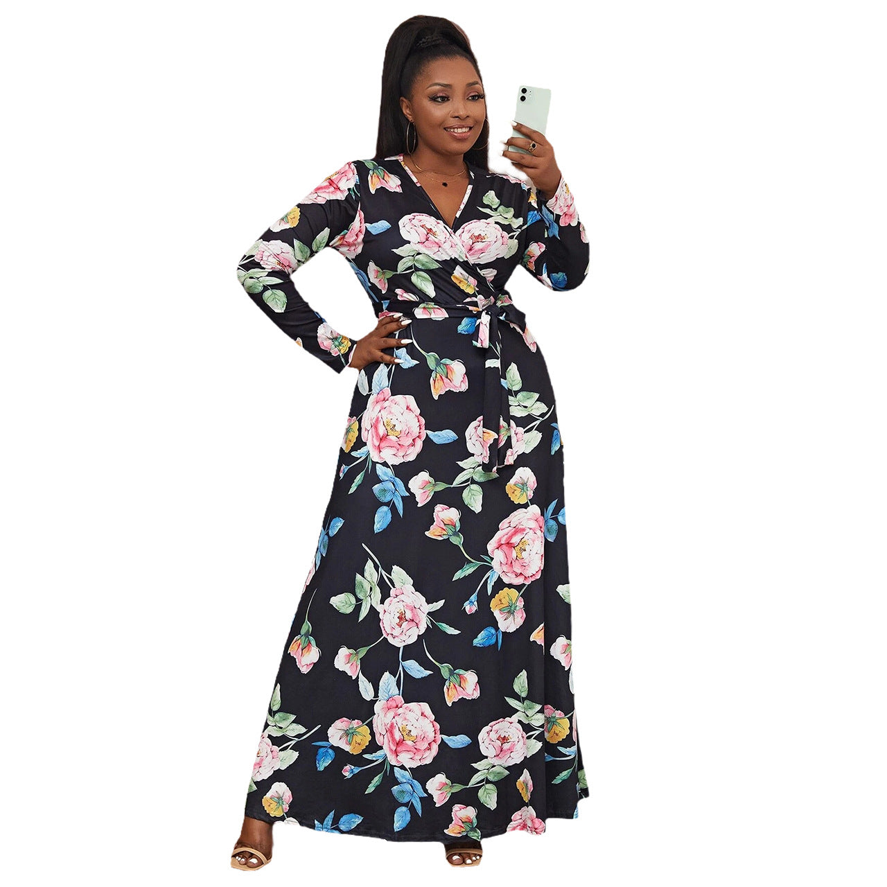 Spring And Summer Plus Size Floral Printed Long Sleeve Wrap Women's Maxi Dress 6