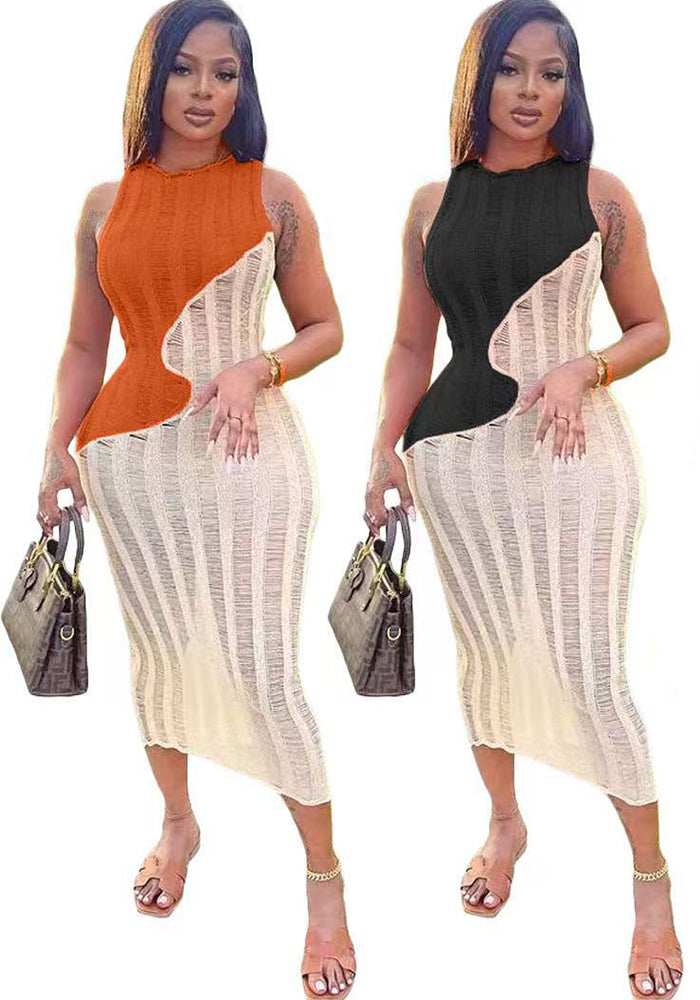 Women Sexy Sleeveless Knitting Color Block Dress