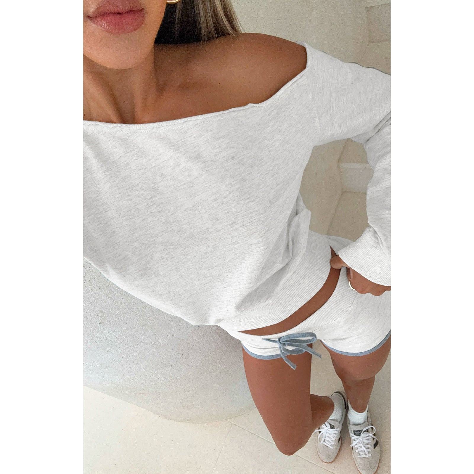 Women's Casual Slash Shoulder Long Sleeve Top Drawstring Shorts Two-Piece Set 20