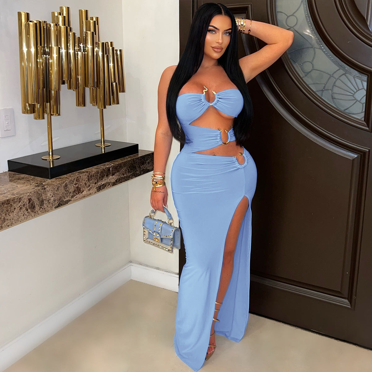 Women Sexy Cutout Metallic Patchwork Slit Bodycon Maxi Dress 13