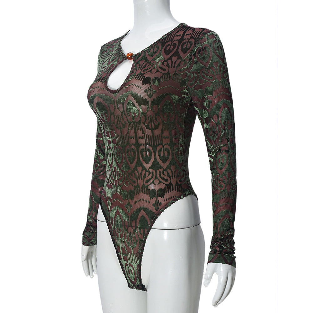 Women's Sexy Autumn Slim-Fitting Flocked Round Neck Long Sleeve Stretch Bodysuit 8