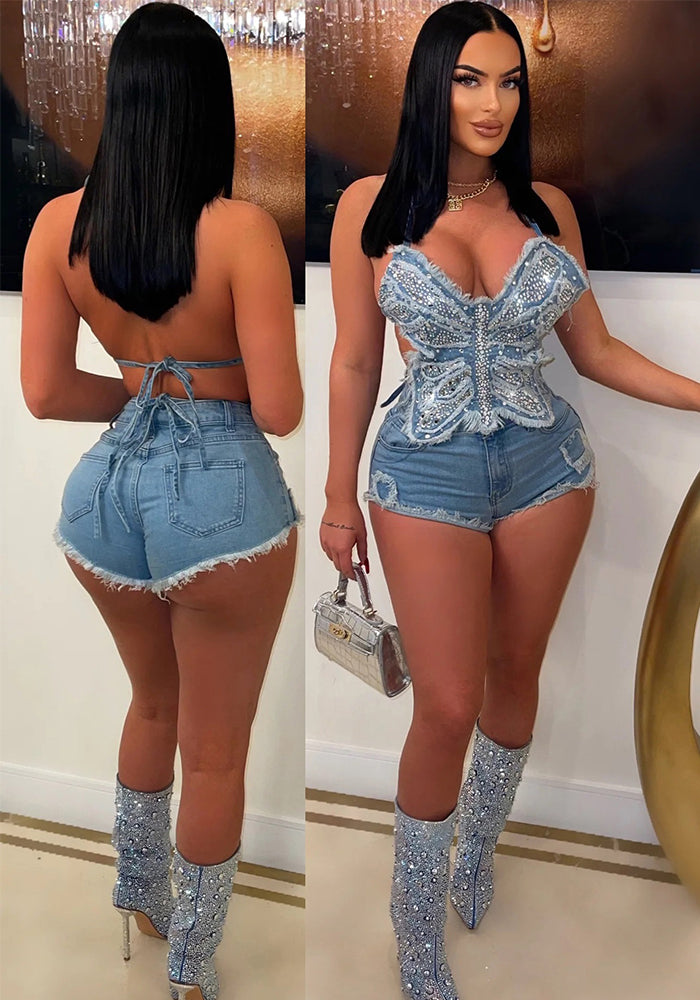 Summer Denim Beaded Butterfly Lace-Up Irregular Top Shorts Set