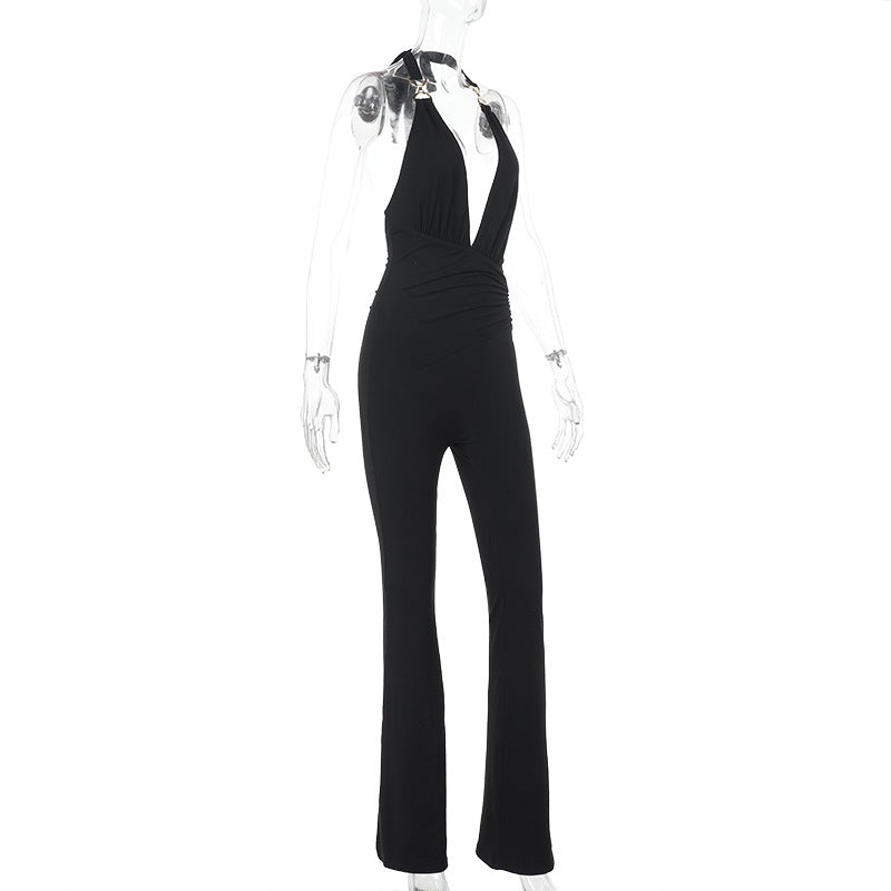 Deep V Solid Color Halter Neck Jumpsuit Autumn Slim-Fit Romper 8