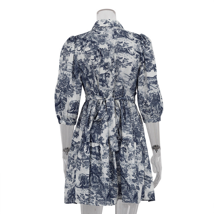 Spring And Autumn Print Puff Sleeve Turndown Collar Elegant Shirt Dress 7