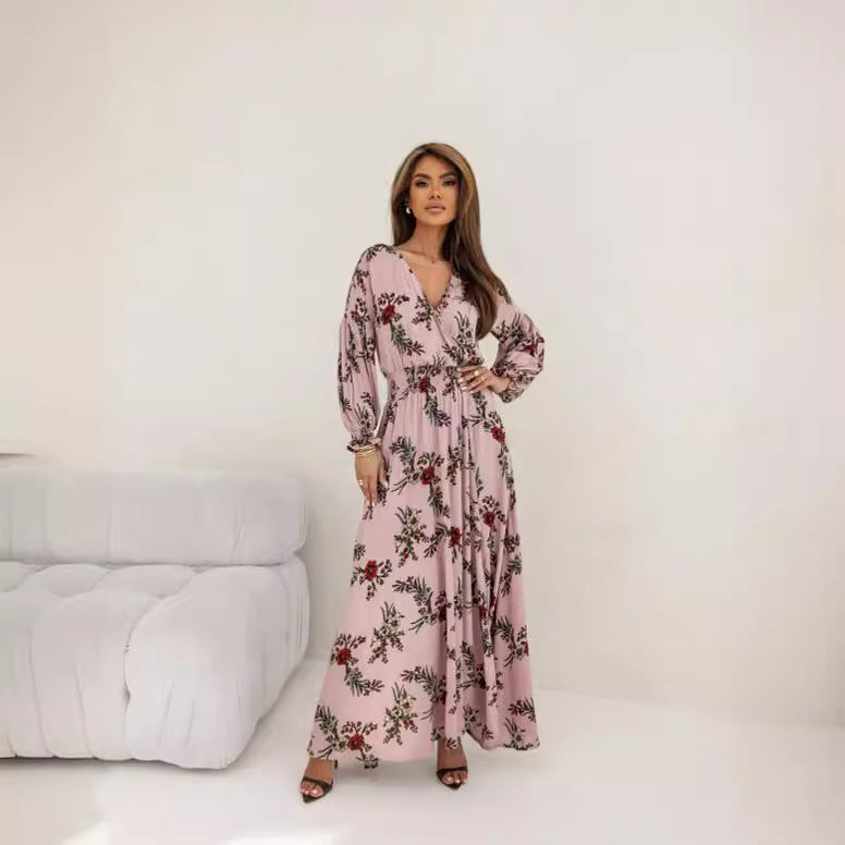 Autumn Fashionable Long Sleeve V-Neck Printed Dress 15