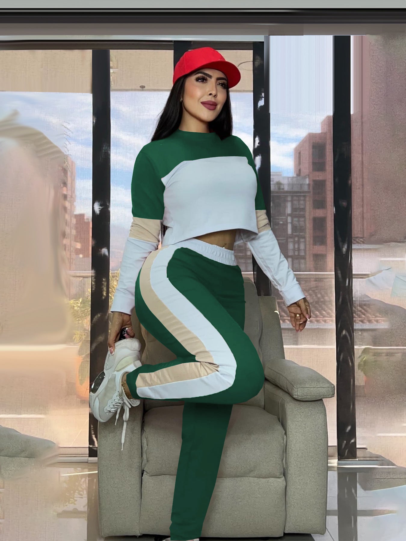 Fashion Street Color Block Patchwork Long Sleeve Sweatshirt & Sport Casual Pants Two-Piece Set 6