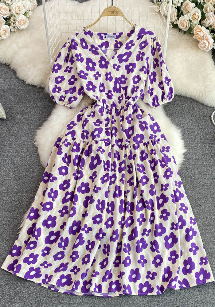 Women Summer V-Neck Puff Sleeve Floral Dress