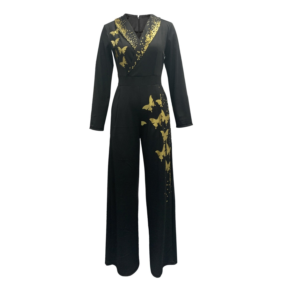 Women Elegant Printed Pocket Zip Long Sleeve Jumpsuit