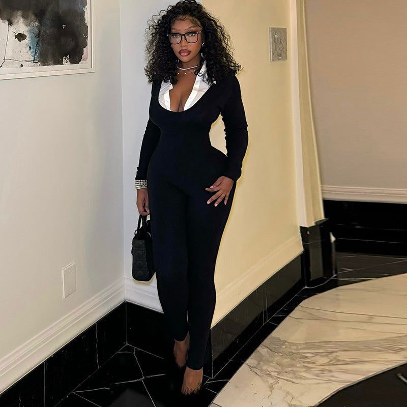 Fashionable women's clothing sexy long sleeve U-neck Tight Fitting Slim Fit long Jumpsuit