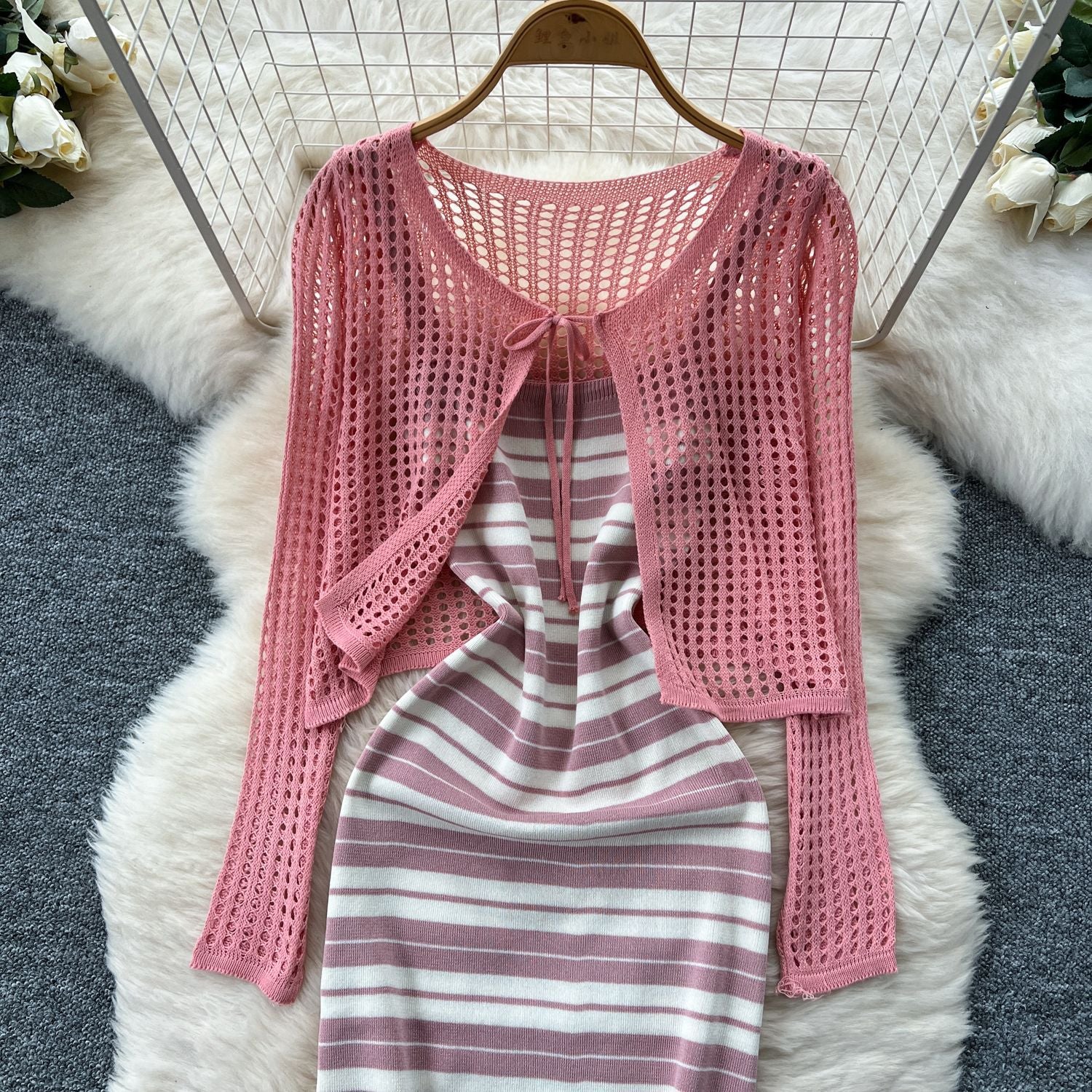 Tie Up Cardigan Low Back Strap Slim Fit Chic Stripes Knitting Dress 11