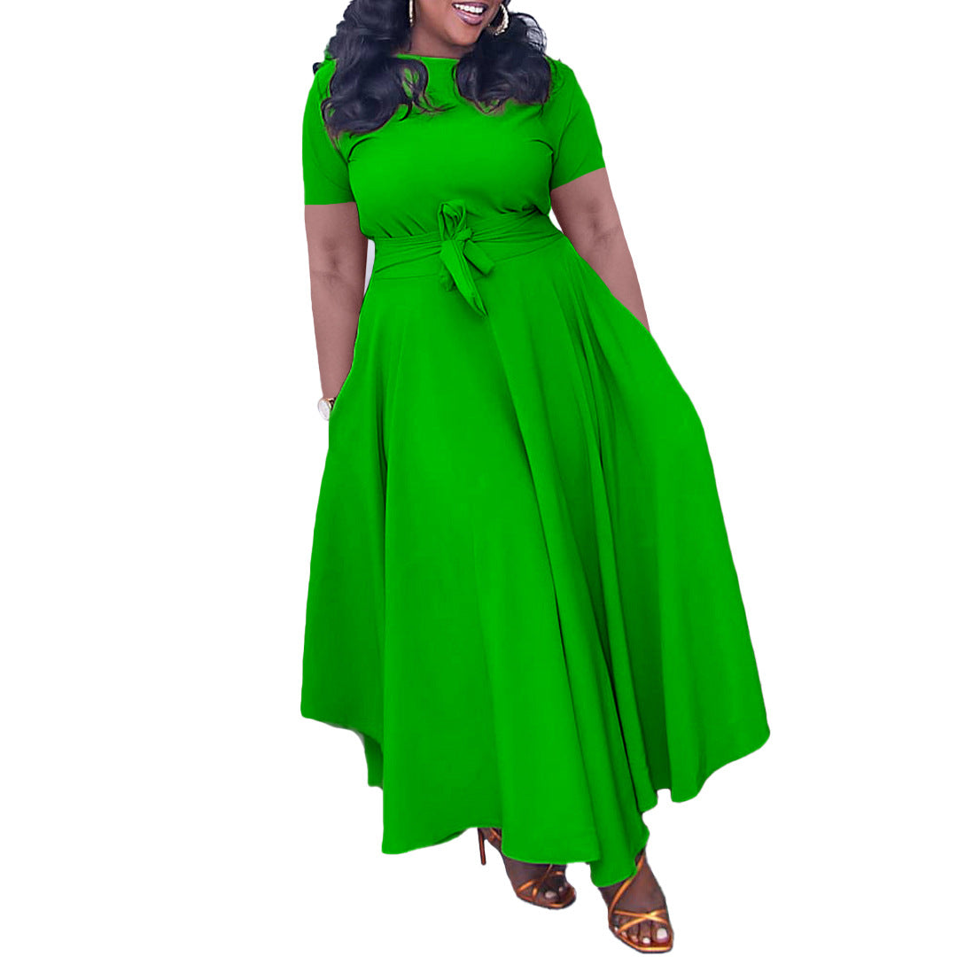 Women'S Summer Fashion Chic Solid Short Sleeve A-Line Africa Plus Size Dress 11