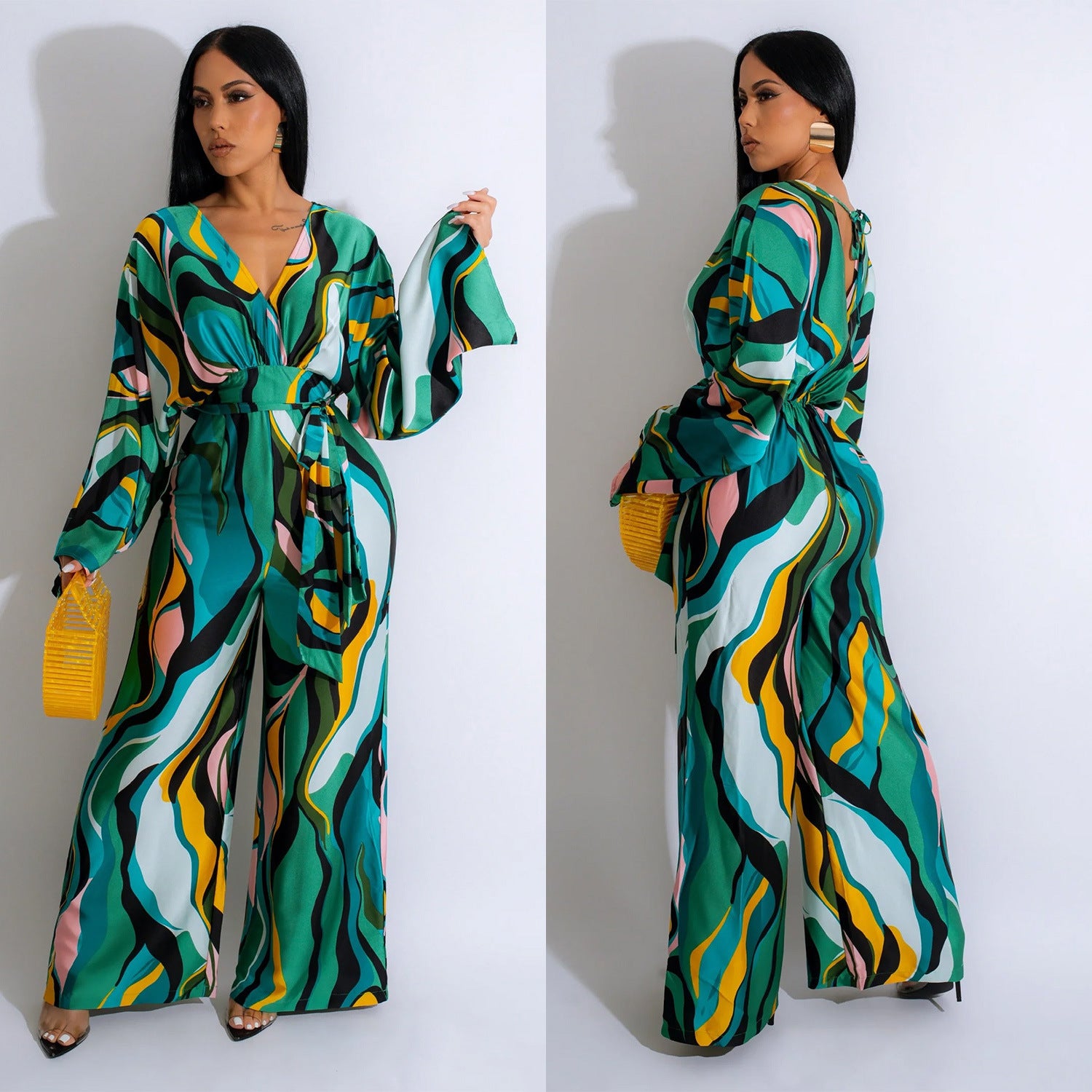 Women Casual Printed Lace-Up Long Sleeve Wide Leg Jumpsuit 3