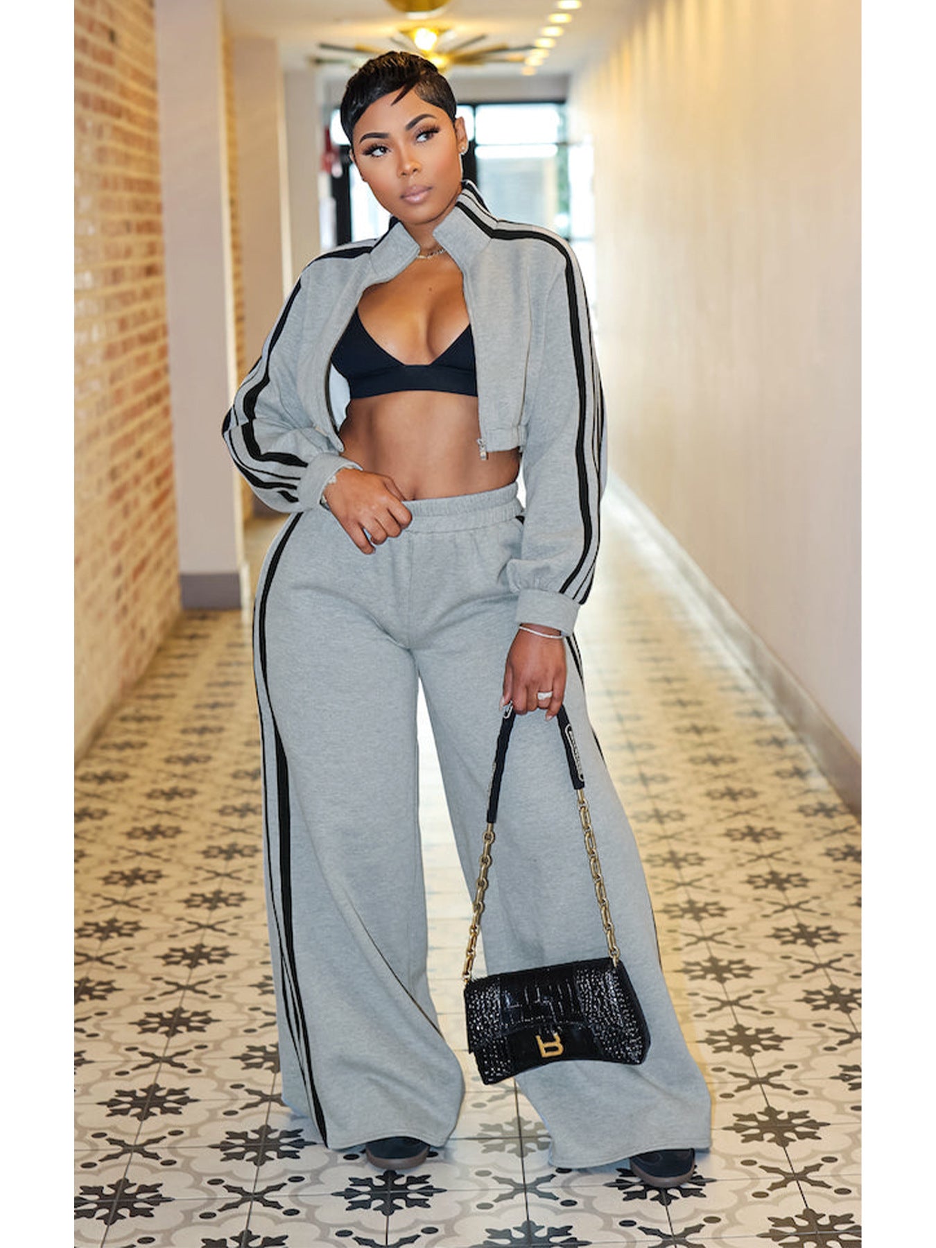 Women Autumn Striped Zipper Casual Top and Pant Set 15