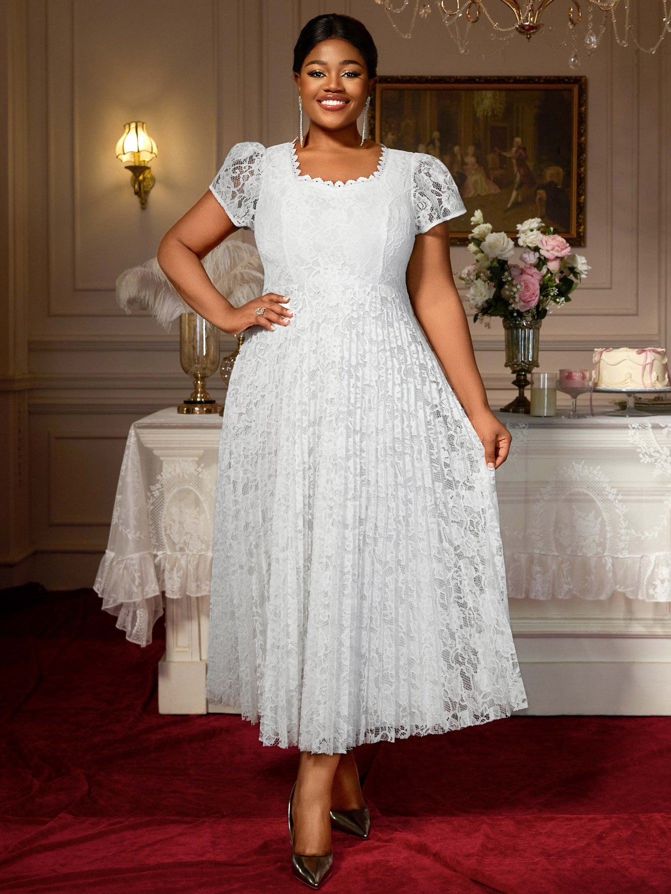Plus Size Lace Trim Elegant Square-Neck Flared Party Dress