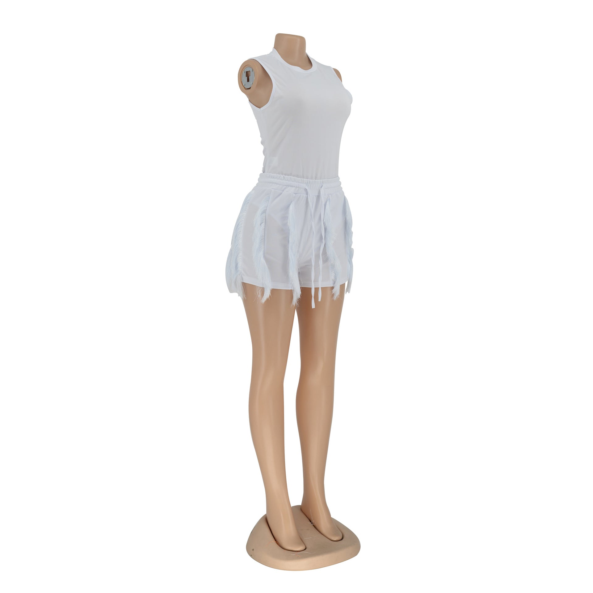 Women'S Solid Fringed Lace Sleeveless Bodysuit Shorts Two-Piece Set 42