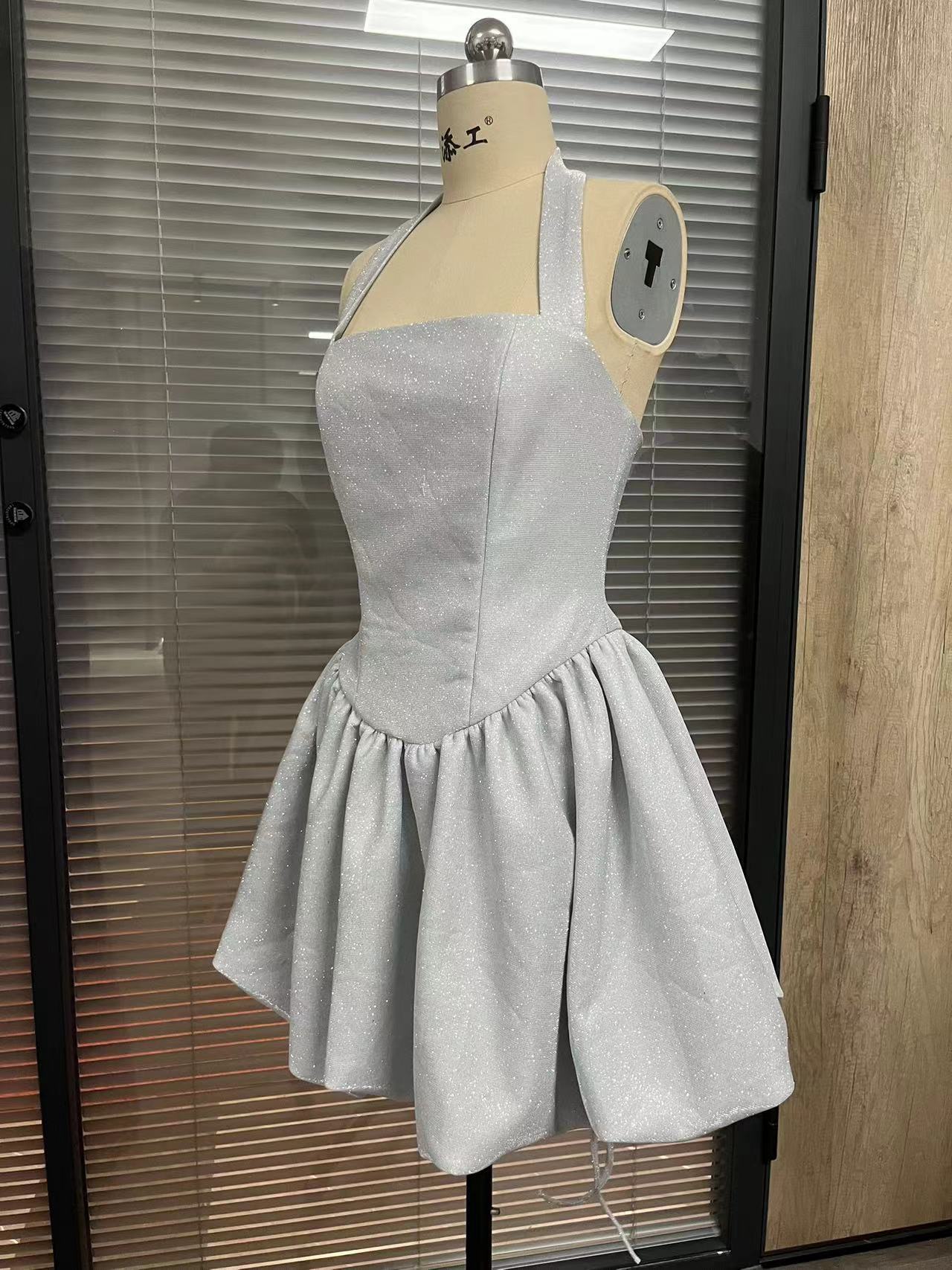 Trendy Casual Summer Halter Neck Bow Tie Puff Dress 6