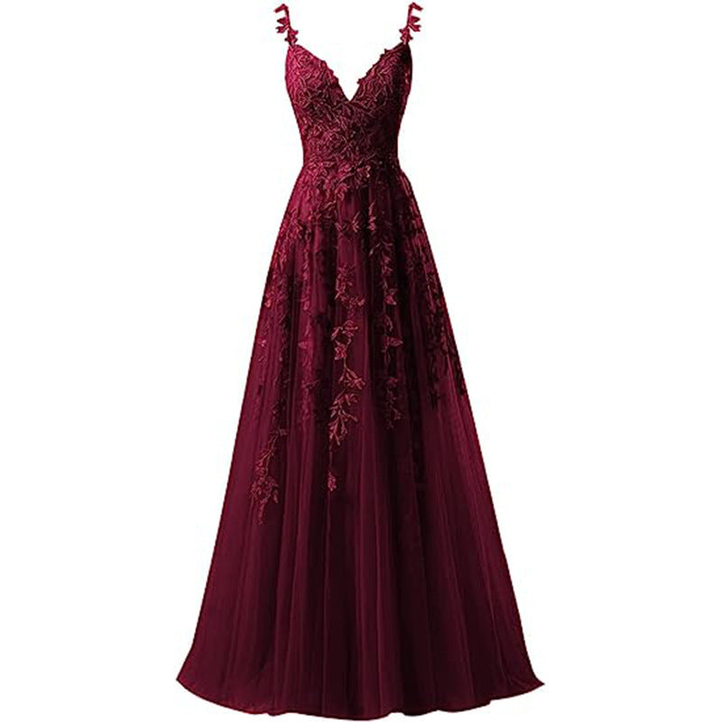 Women suspender tulle lace applique party ball evening dress（Processing time need 3-6 days） 3