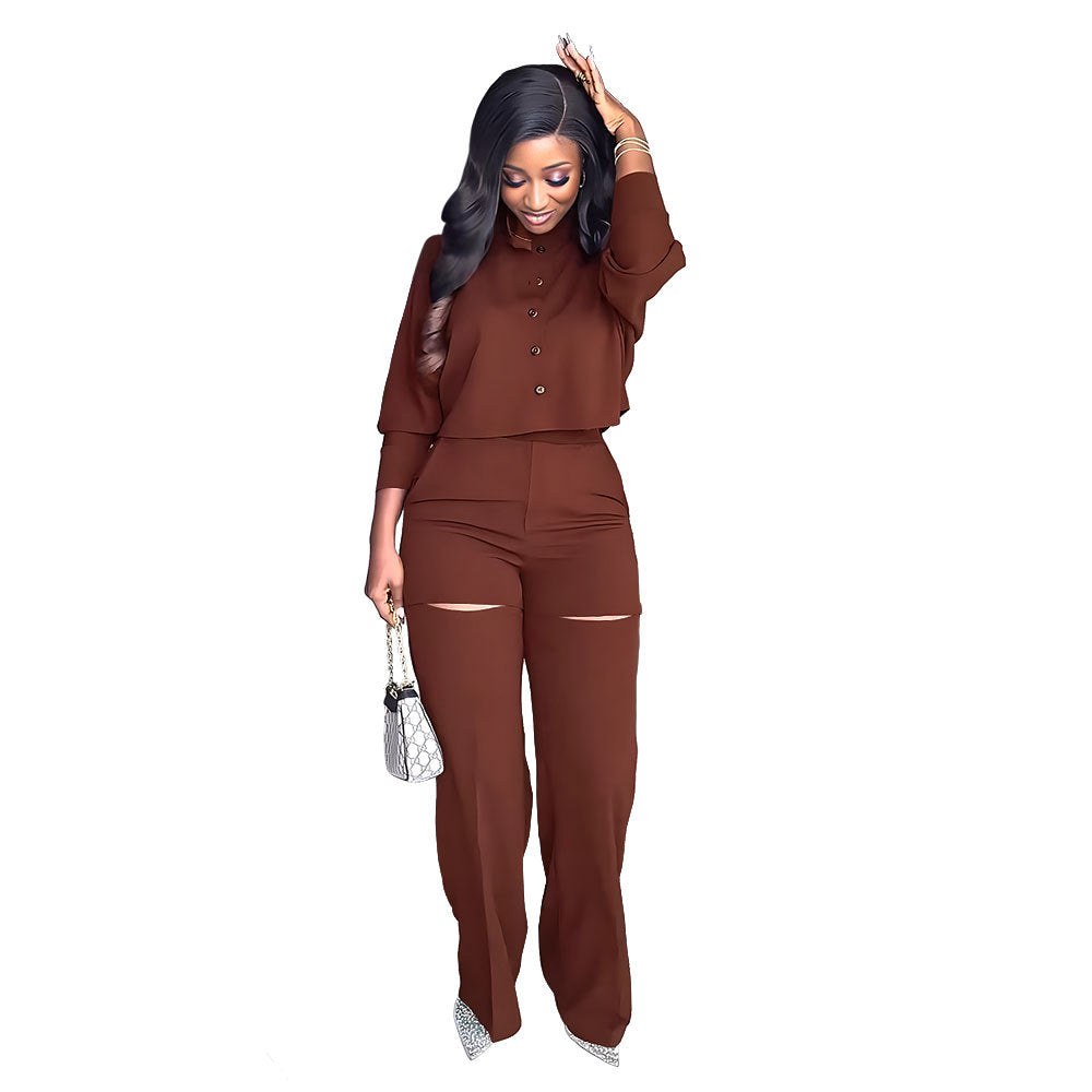 Long-Sleeved Solid Button Up Top Fashionable Ripped High-Waisted Trousers Two-Piece Set 6