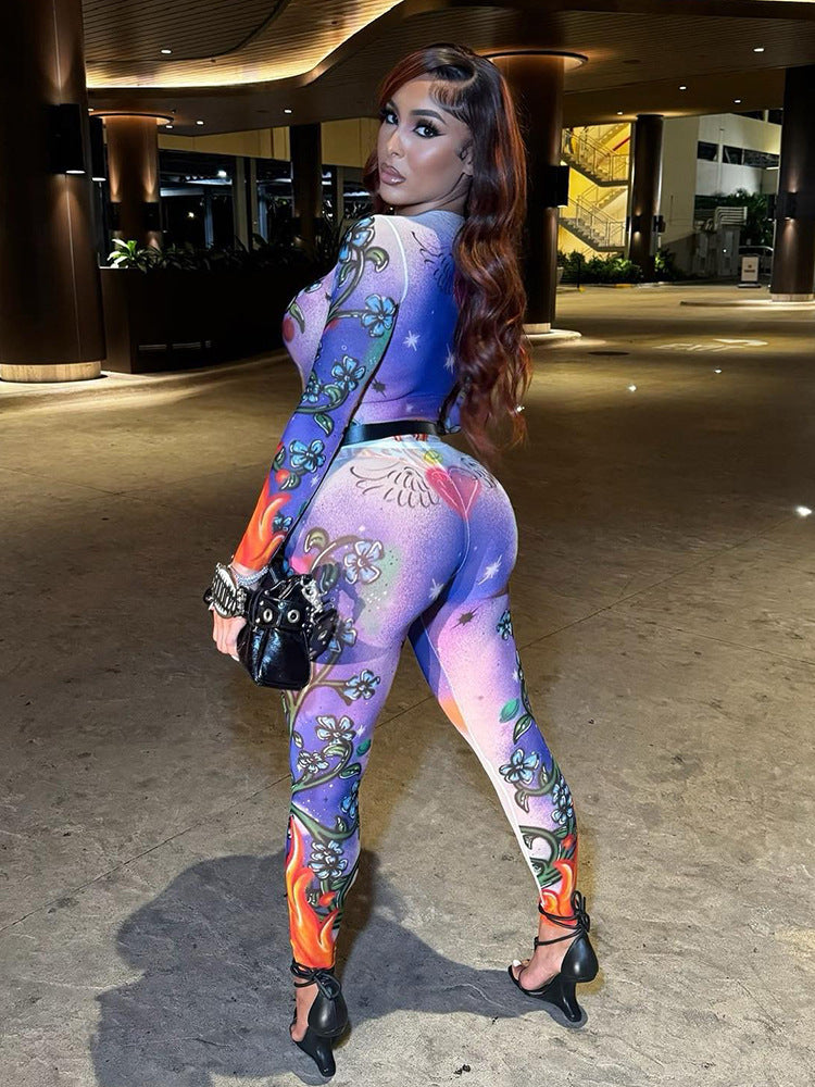 Women's Autumn Fashion Printed Sexy Long Sleeve One-Piece Bodysuit Pants Set