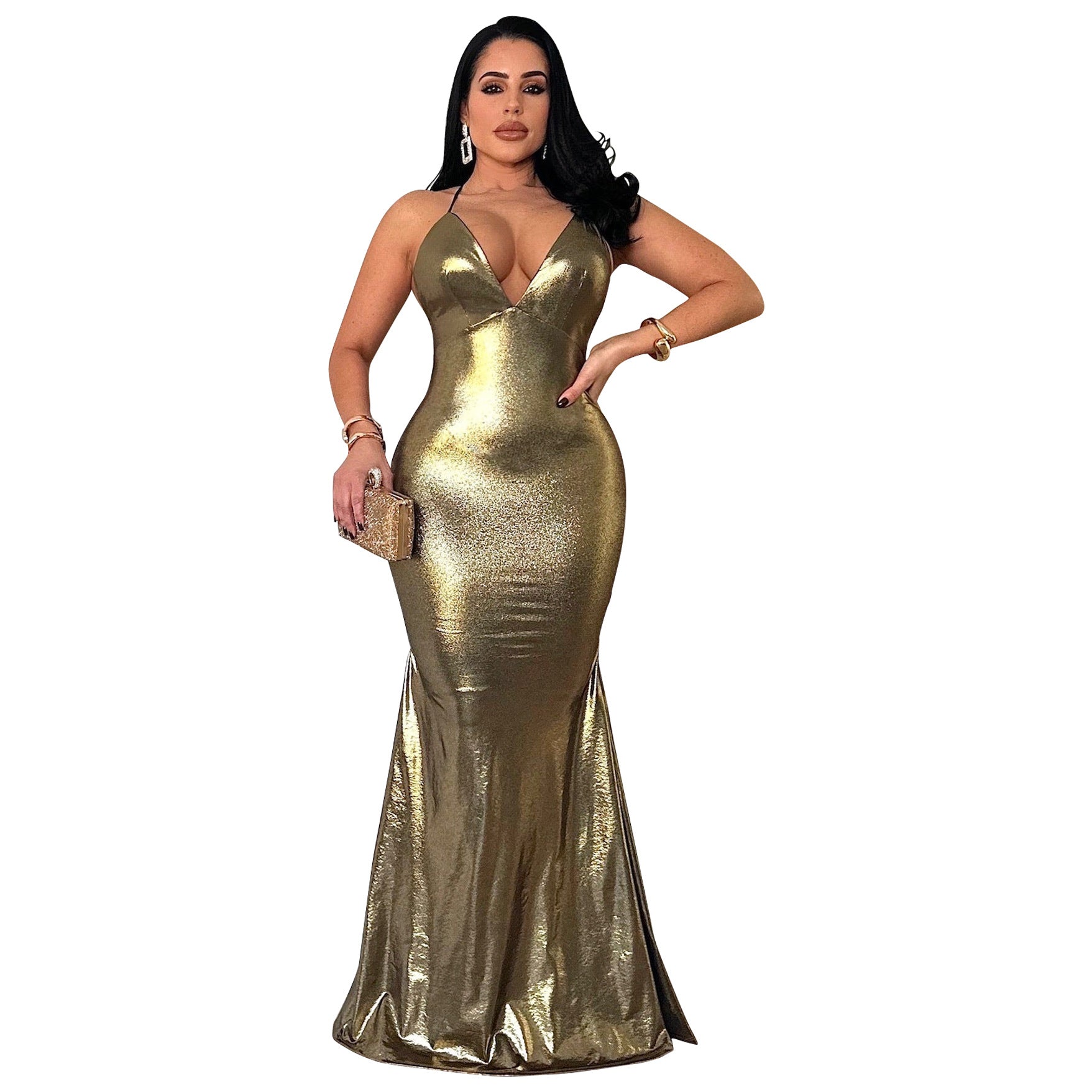 Women's Strap Sexy V-Neck Metallic Color Tight Fitting Party Maxi Dress 12