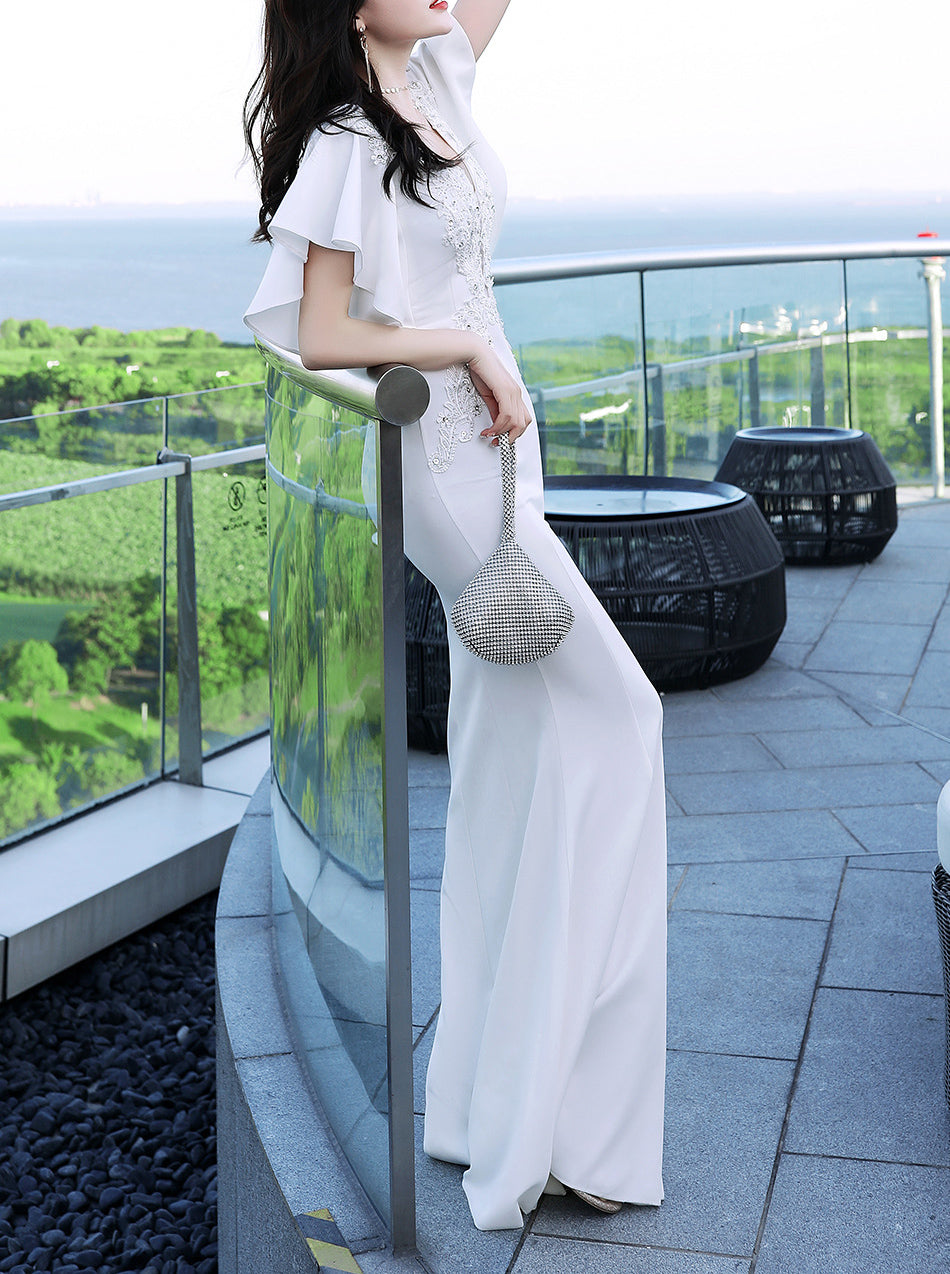 Women Elegant Lace Ruffles Short Sleeve Slim Fit Mermaid Evening Dress 9