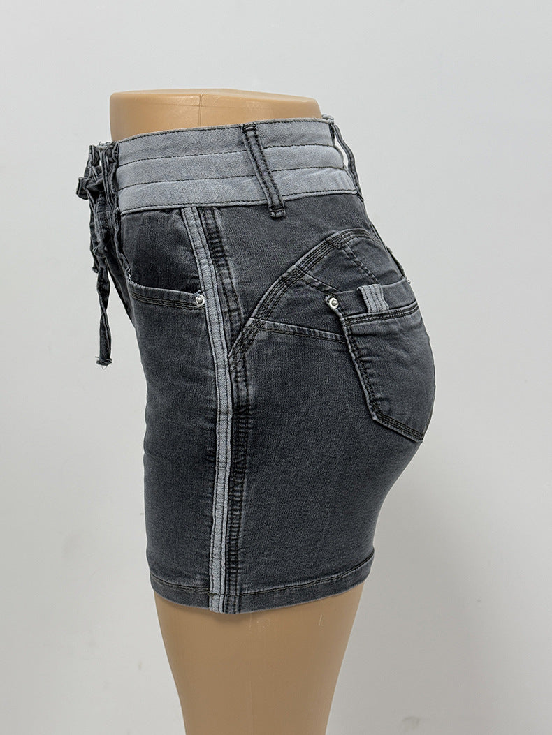 Short Contrast Color Drawstring Women's Bodycon Denim Short Skirt 10
