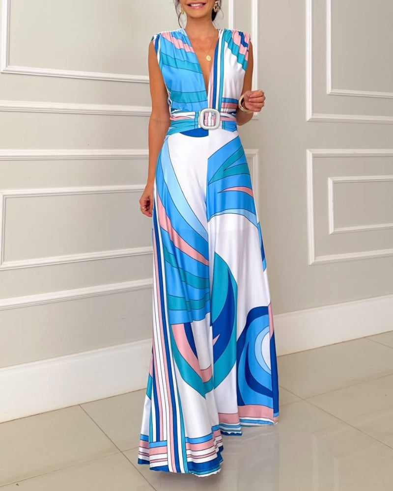 Summer Contrast Printed V-neck Backless Lace-Up Jumpsuit