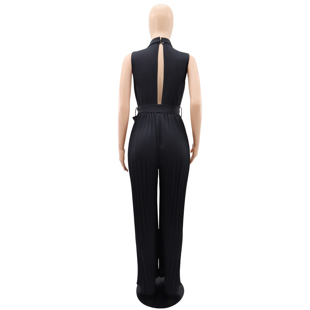 Women Spring V-neck Sleeveless Backless Pleated Wide Leg Jumpsuit 16