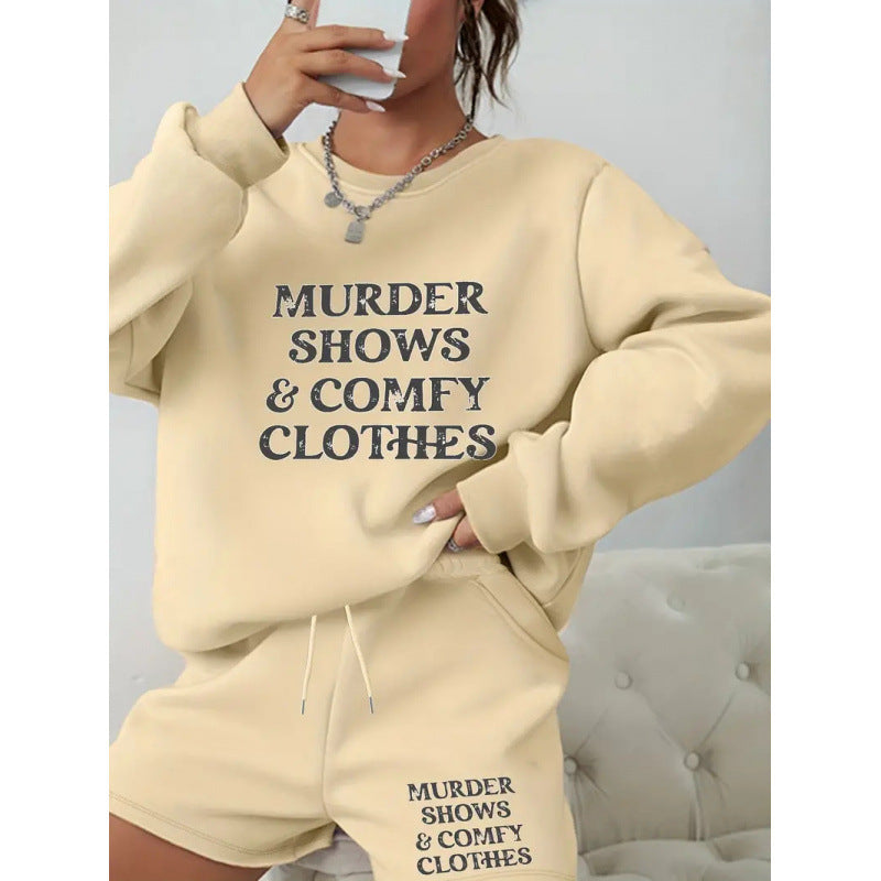 Women Round Neck Long Sleeve Top and Shorts Casual Two-piece Set 4