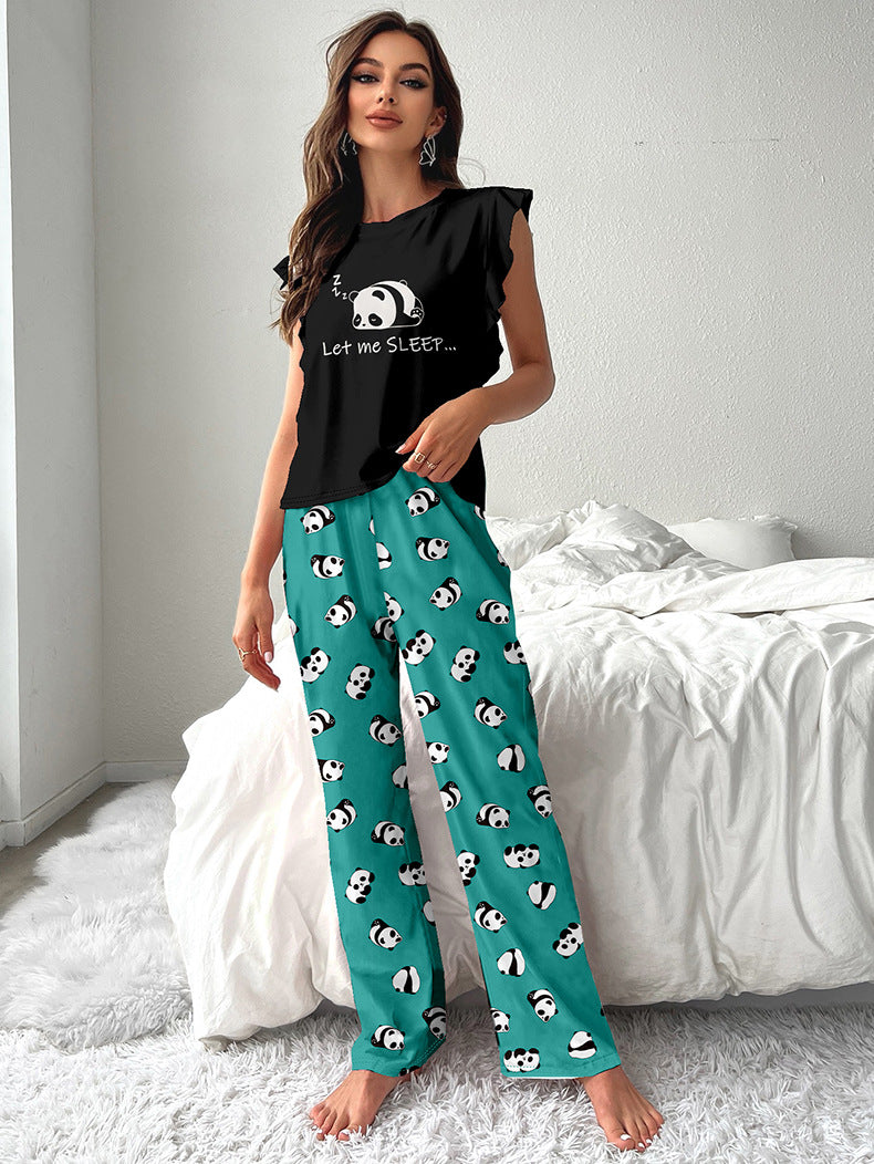 Summer Panda Print Flying Sleeve Pajamas Set Women's Home Clothes 3