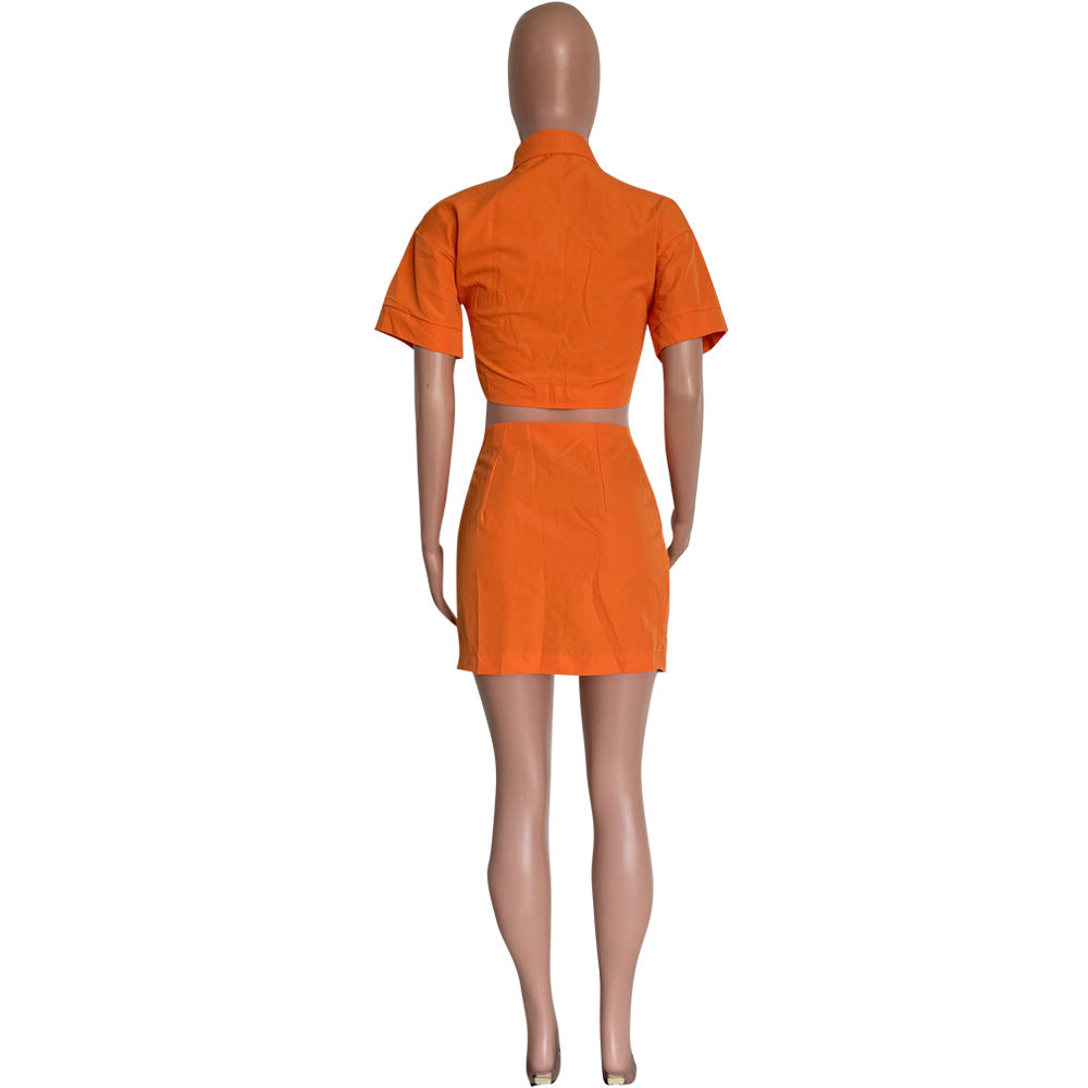 Women's fashion sexy solid color button Crop Shirt split skirt two-piece set 21
