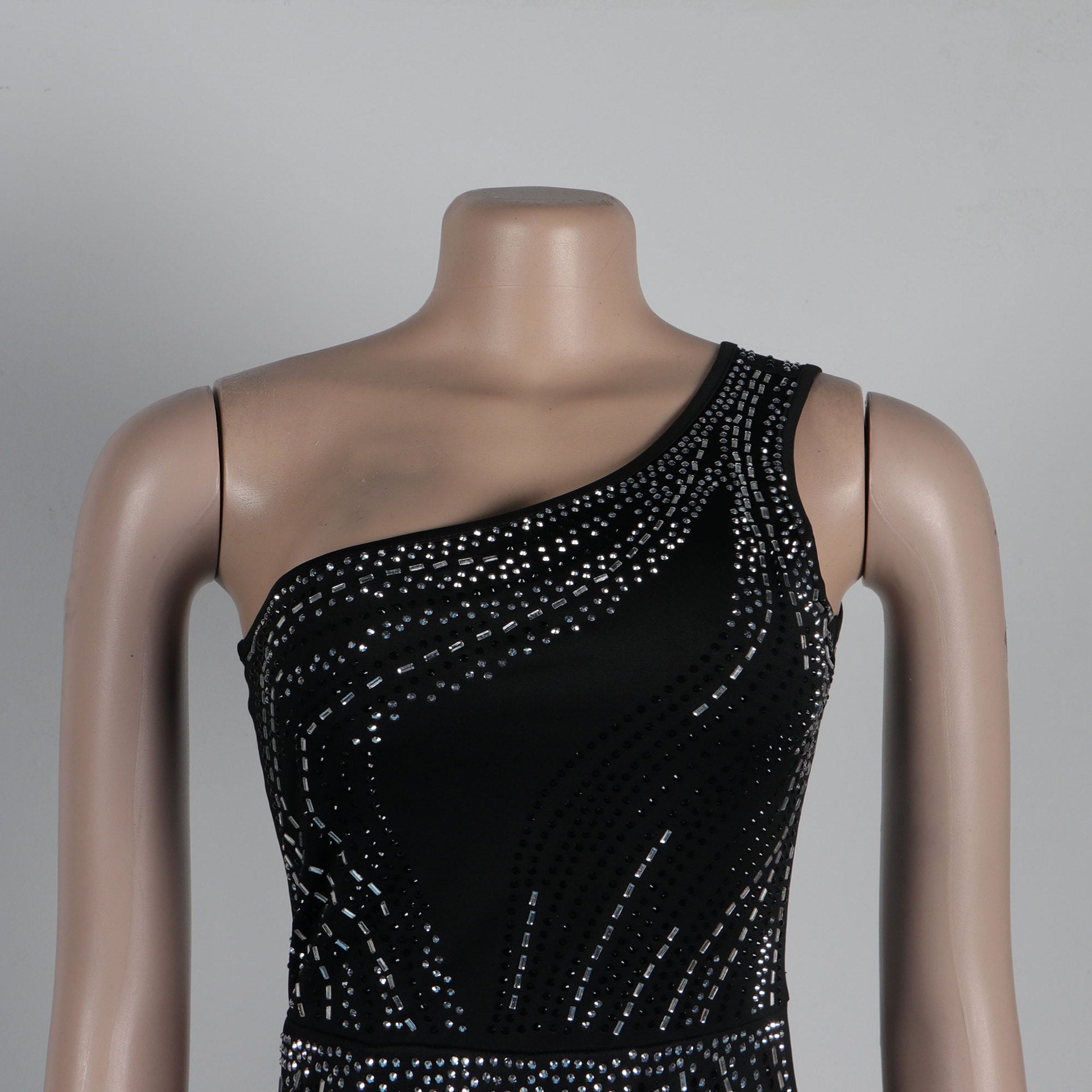 Women Elastic Beaded Sleeveless Slash Shoulder Slit Bodycon Dress 12