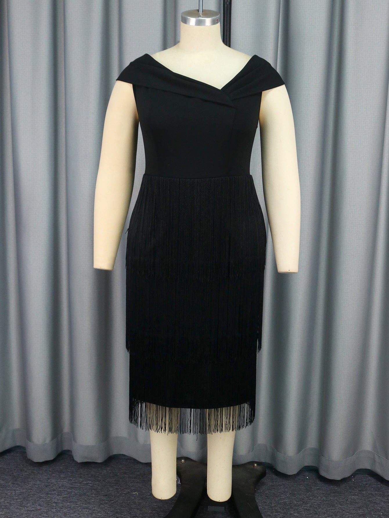 Women Asymmetric Neck Sleeveless Party Elegant Tassel Dress 4