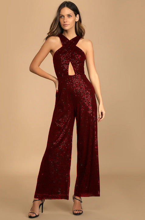 Women's Cross Strap Sequin Sexy Party Jumpsuit 11